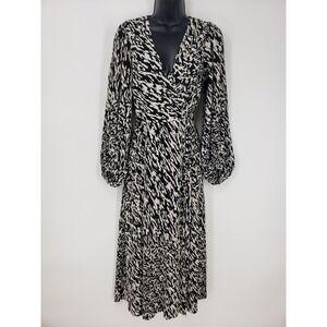 H&M Abstract Print Plisse Wrap Midi Dress Sz S Black Cream Pleated Long Sleeves